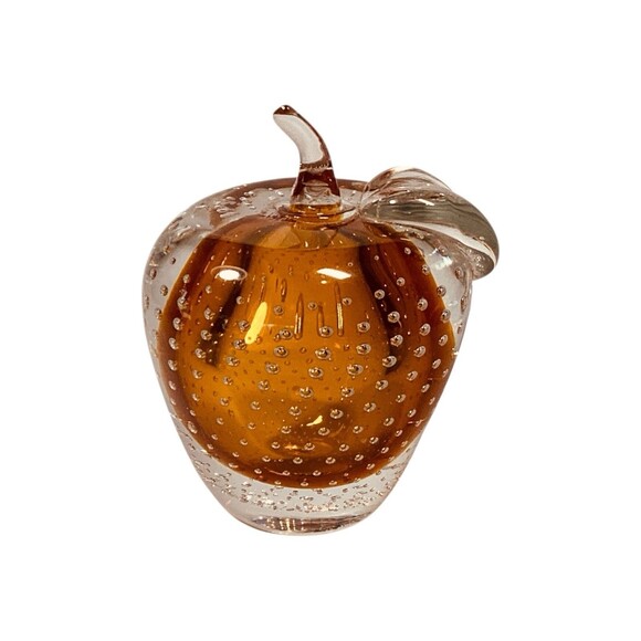 Amber Apple Fruit Italian Glass Bullicante Bubbles Paperweight Smooth 4” - Picture 3 of 5